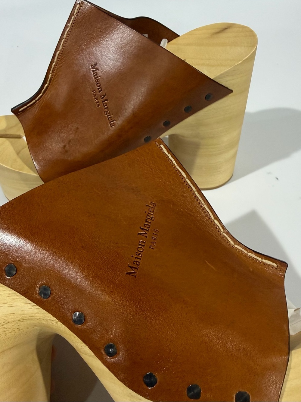 Maison Margiela Tabi Wood Sole Platform Brown Leather Mule Sandal Heels EU40 US9 - Picture 7 of 16